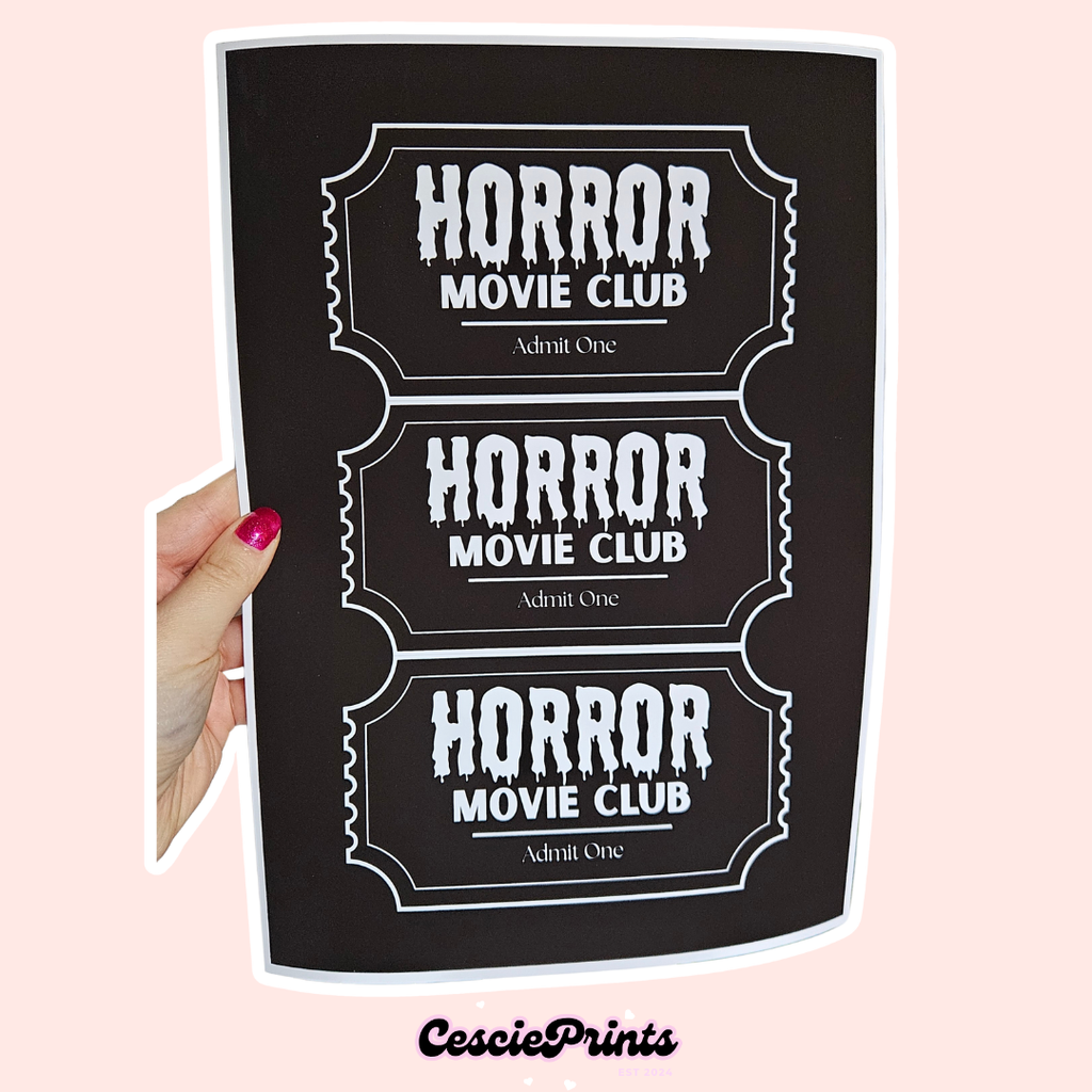 'Horror Movie Club' Movie Ticket A4 Wall Art Print