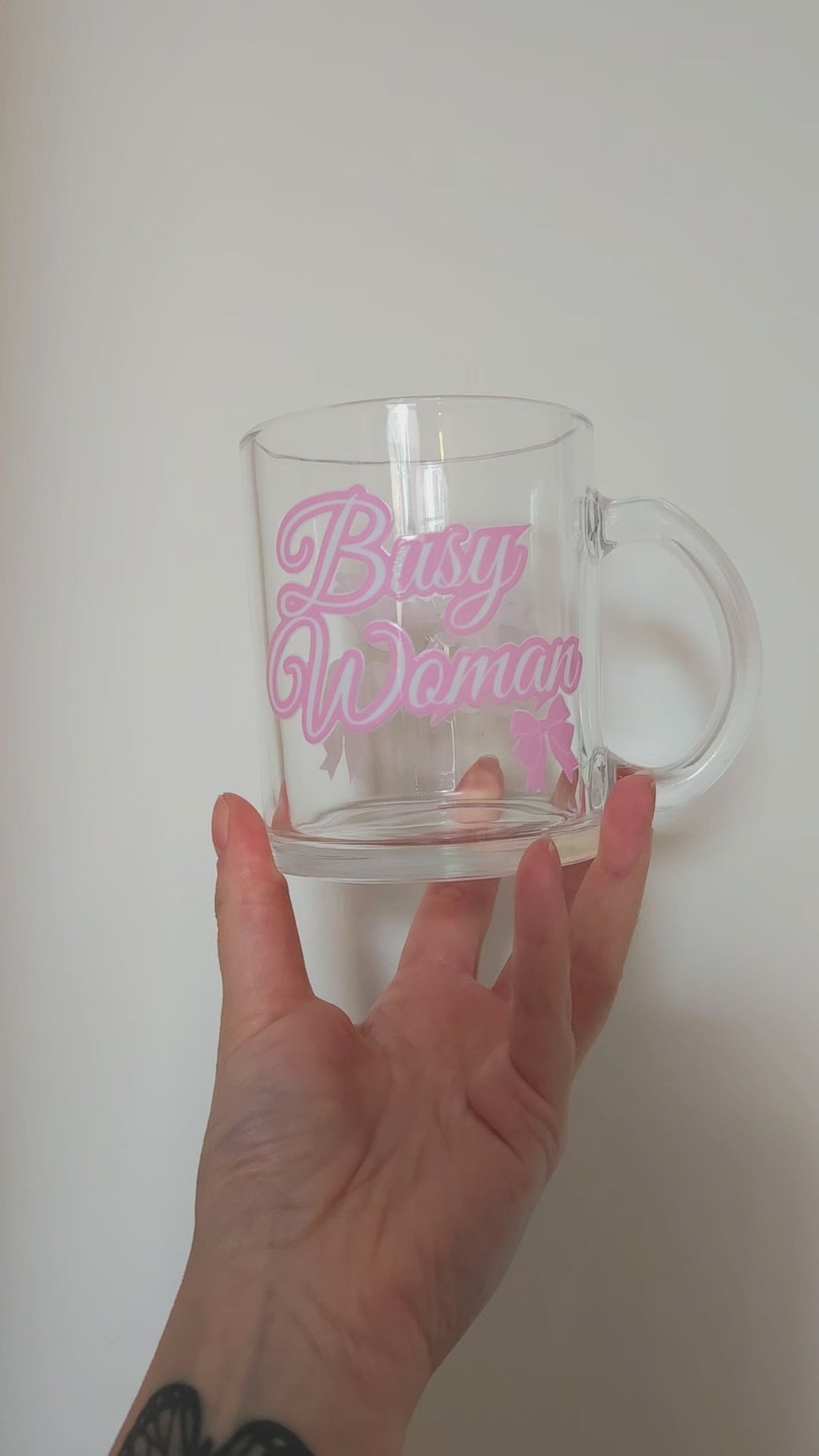 Busy Woman Glass Mug, Pink and White Graphic