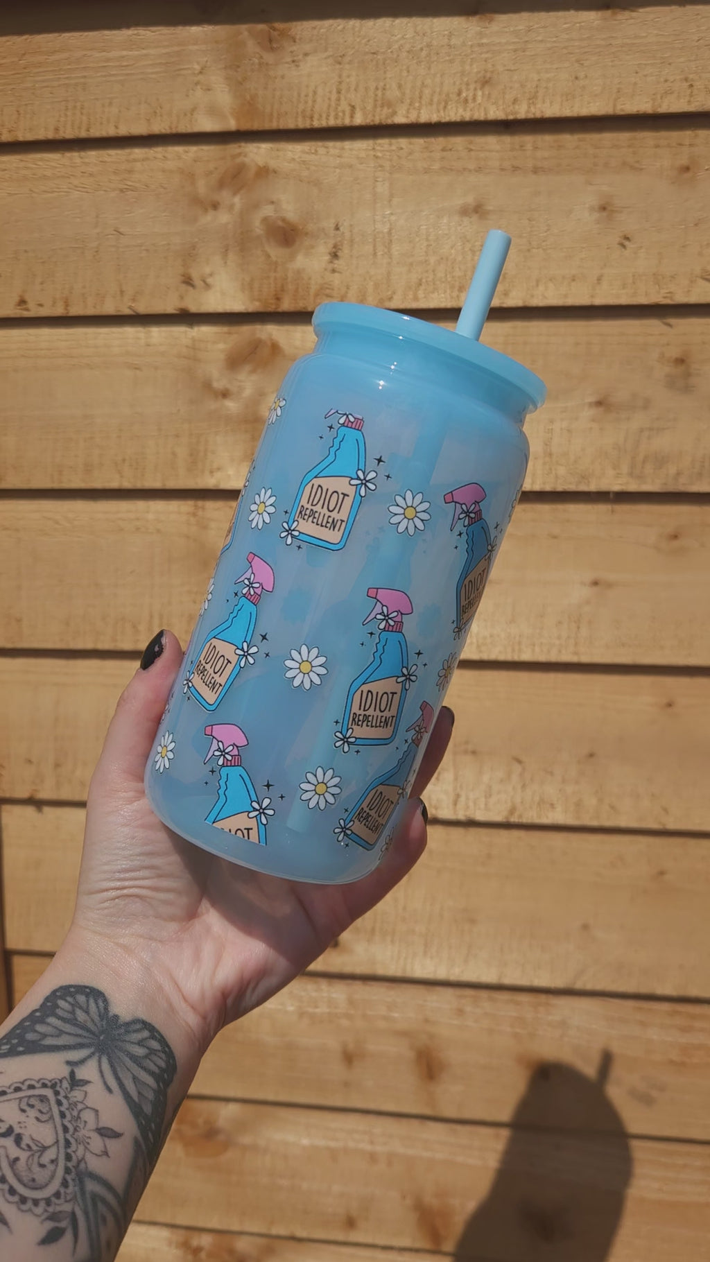 'Idiot Repellent' Blue Libbey Can Tumbler, 16oz with Straw and Lid