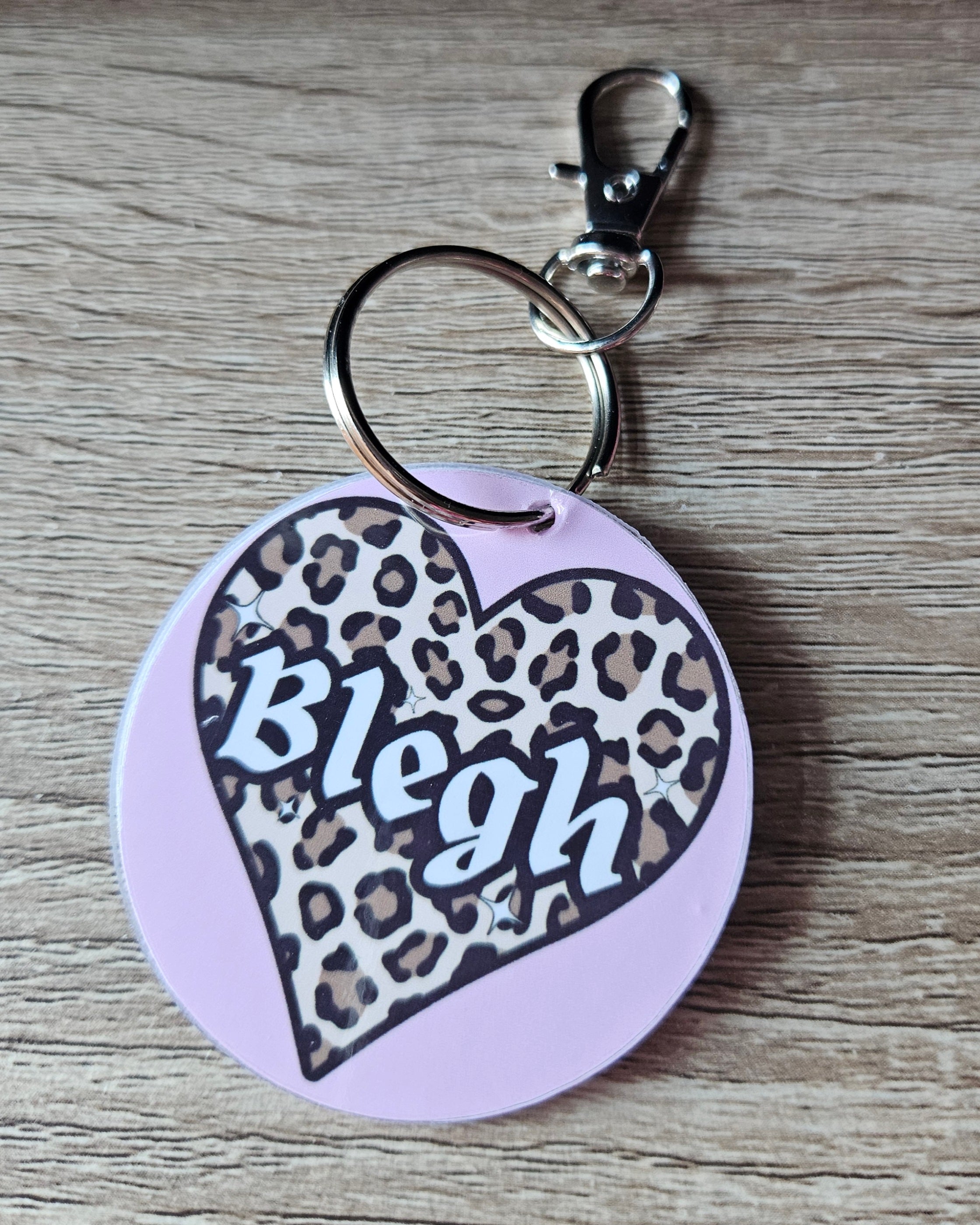 'Blegh' Leopard Print Heart Pink Keyring/Bag Charm