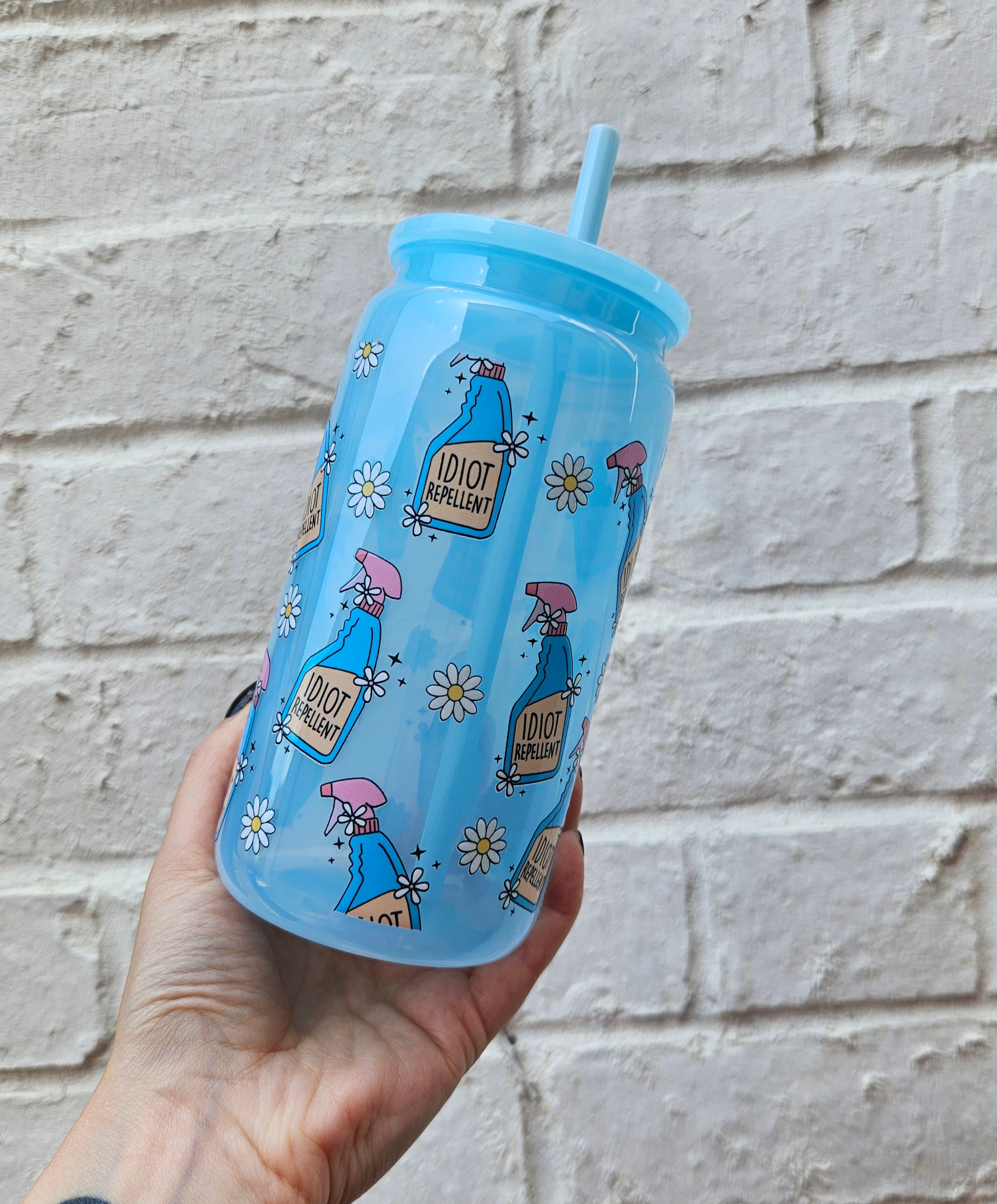 'Idiot Repellent' Blue Libbey Can Tumbler, 16oz with Straw and Lid