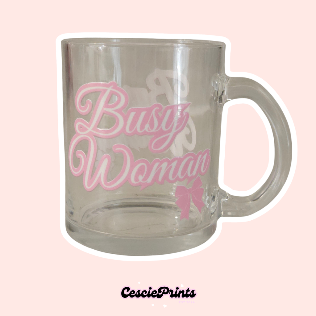 Busy Woman Glass Mug, Pink and White Graphic