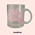 Busy Woman Glass Mug, Pink and White Graphic