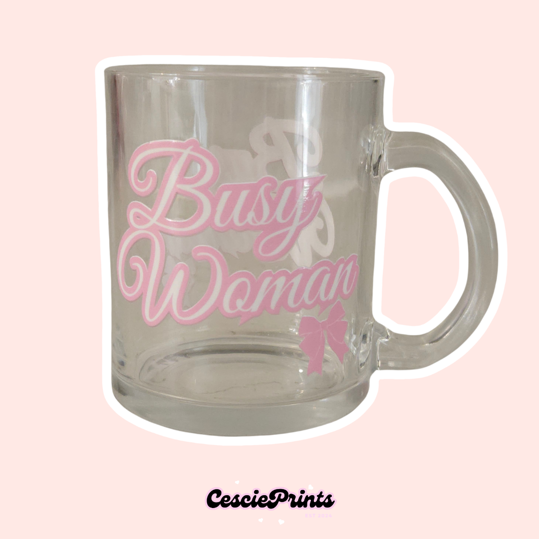 Busy Woman Glass Mug, Pink and White Graphic