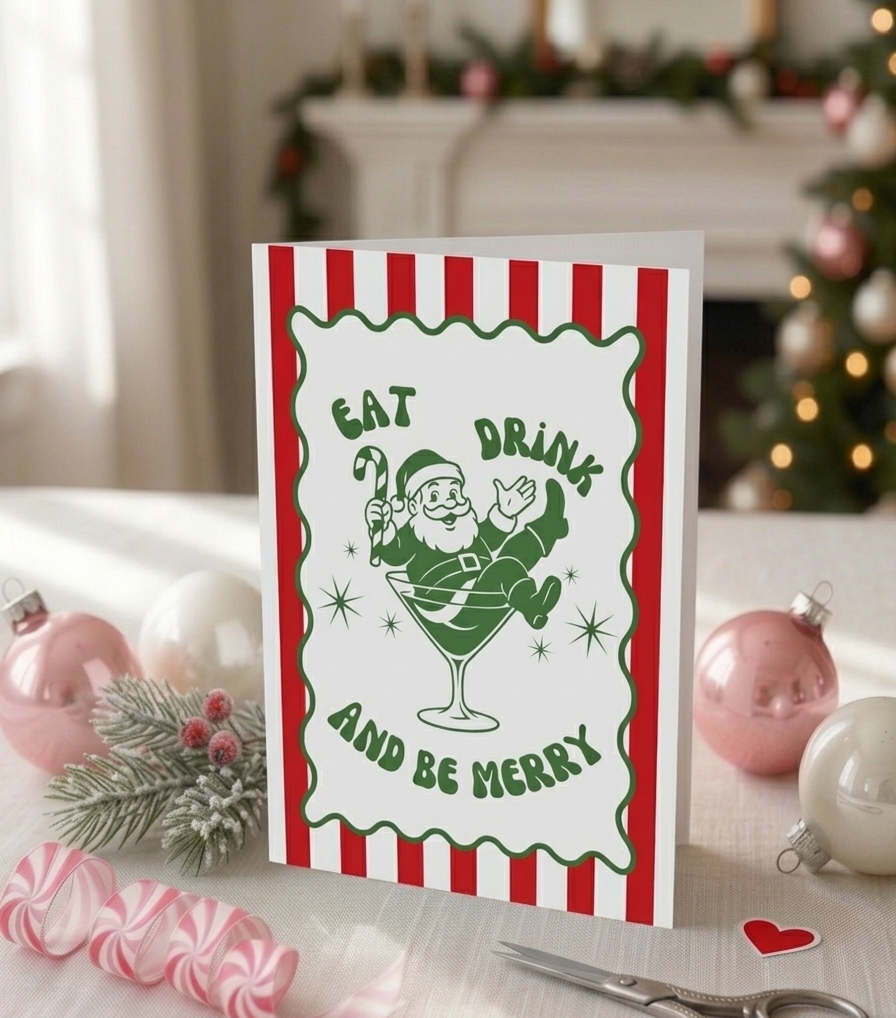 'Eat Drink and Be Merry' Red, White and Green Christmas Card
