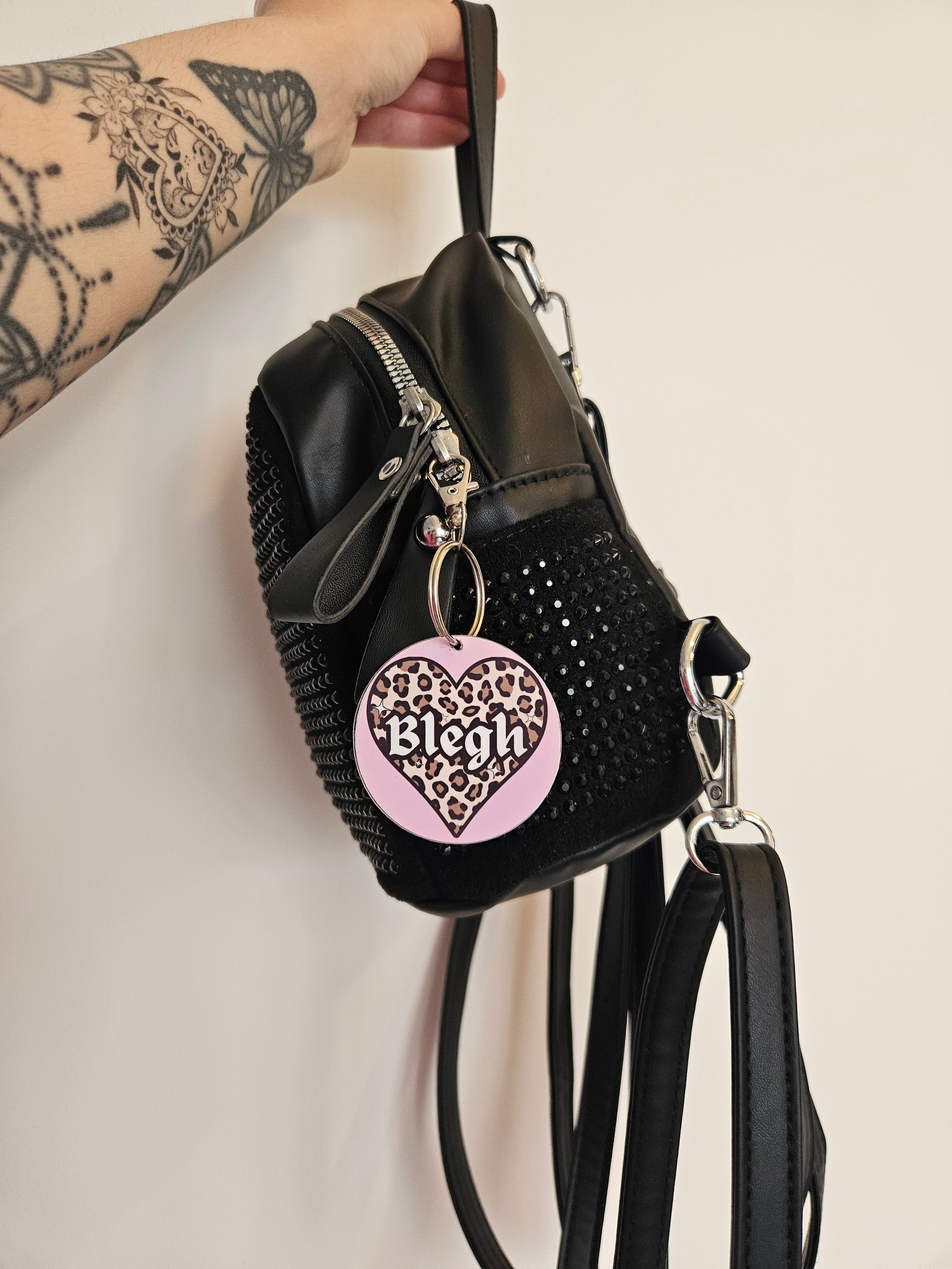 'Blegh' Leopard Print Heart Pink Keyring/Bag Charm
