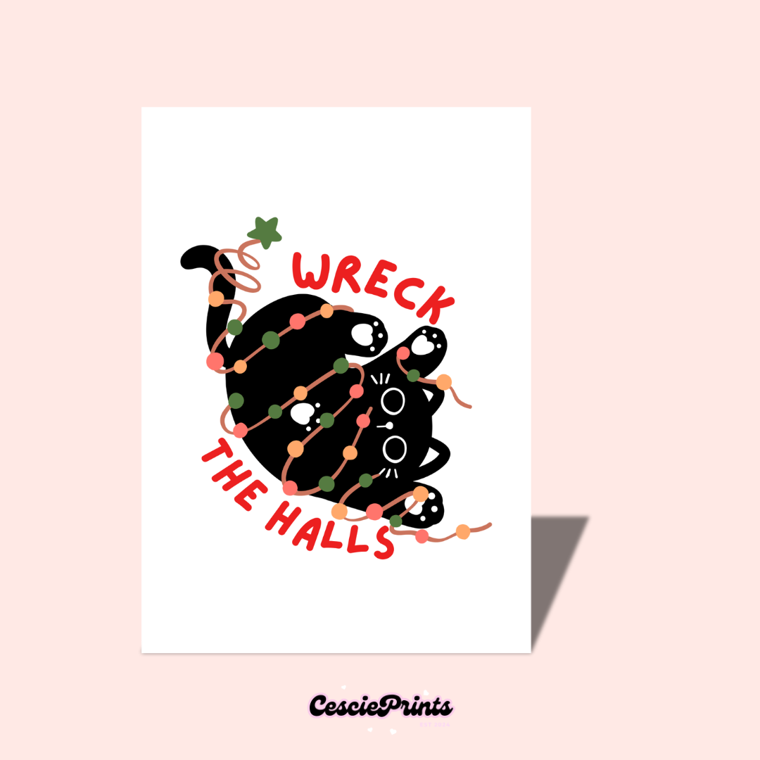'Wreck the halls' Funny Cat Christmas Card