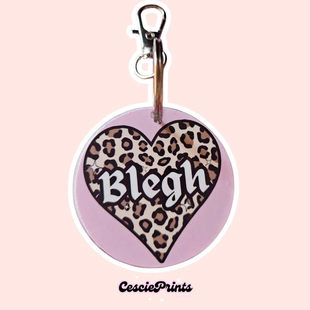 'Blegh' Leopard Print Heart Pink Keyring/Bag Charm