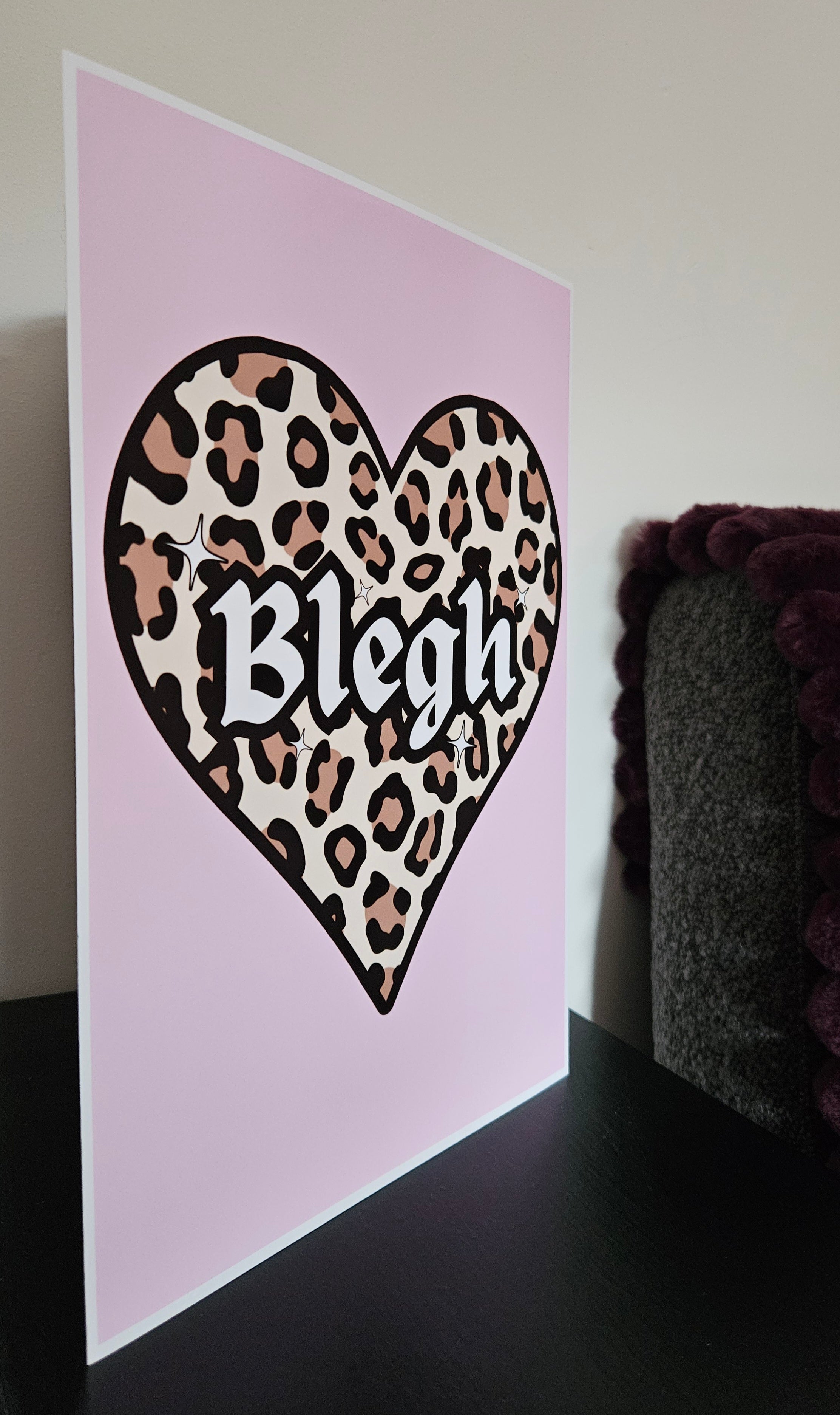 'Blegh' Leopard Print Heart Pink A4 Wall Art Print