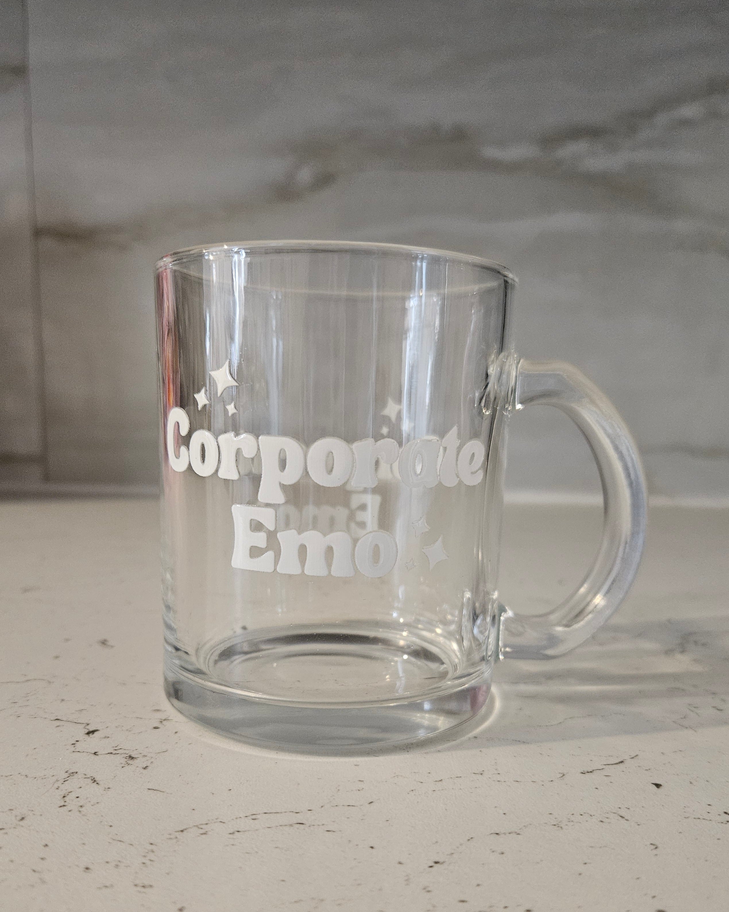 'Corporate Emo' Glass Mug, White Lettering and Stars
