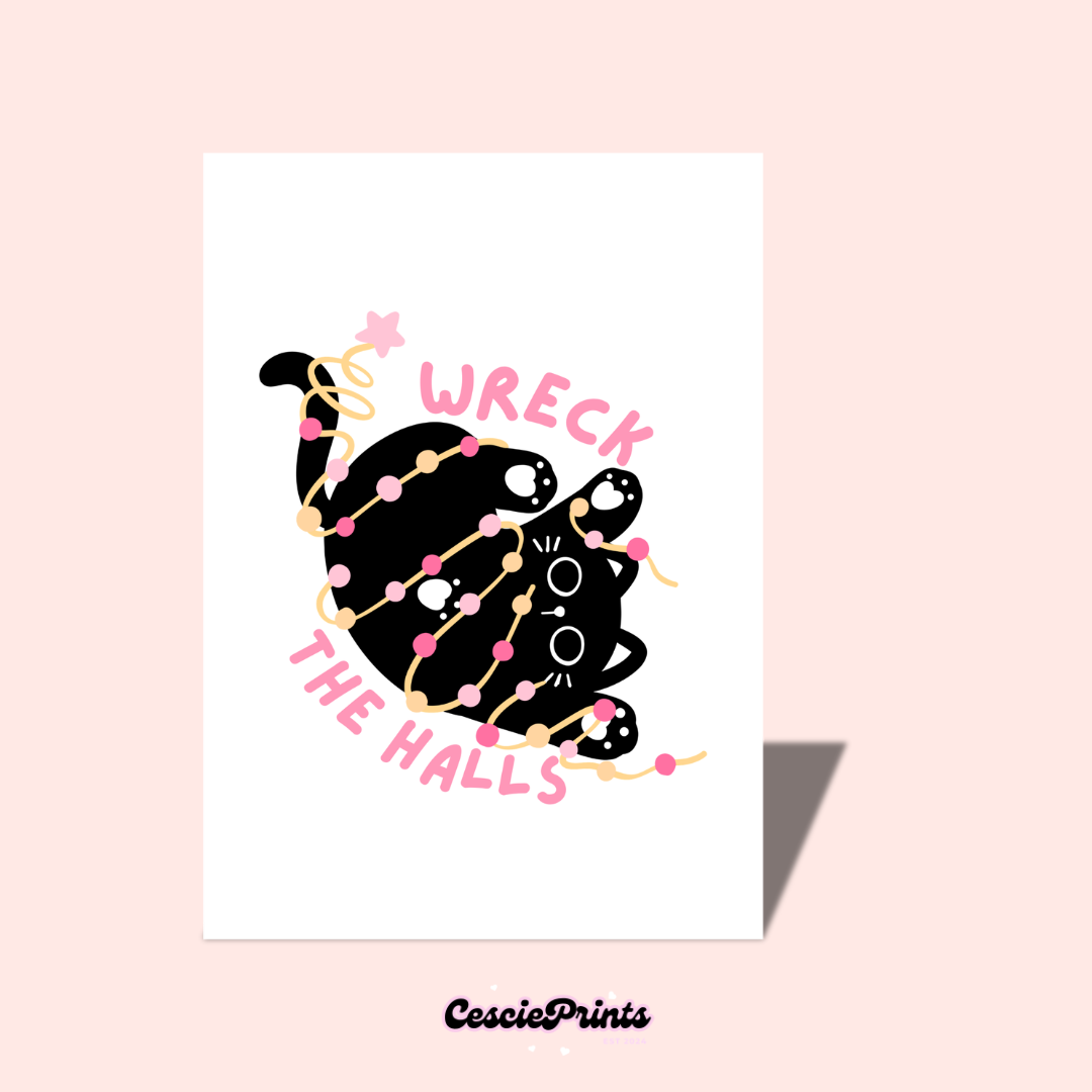 'Wreck the halls' Funny Cat Christmas Card