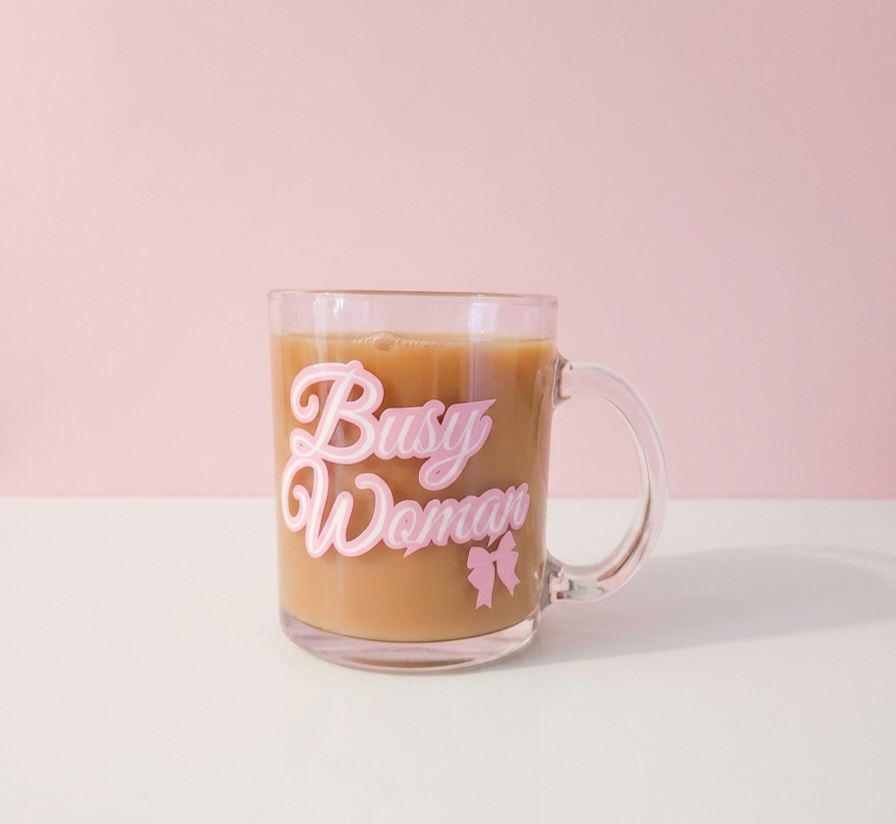 Busy Woman Glass Mug, Pink and White Graphic