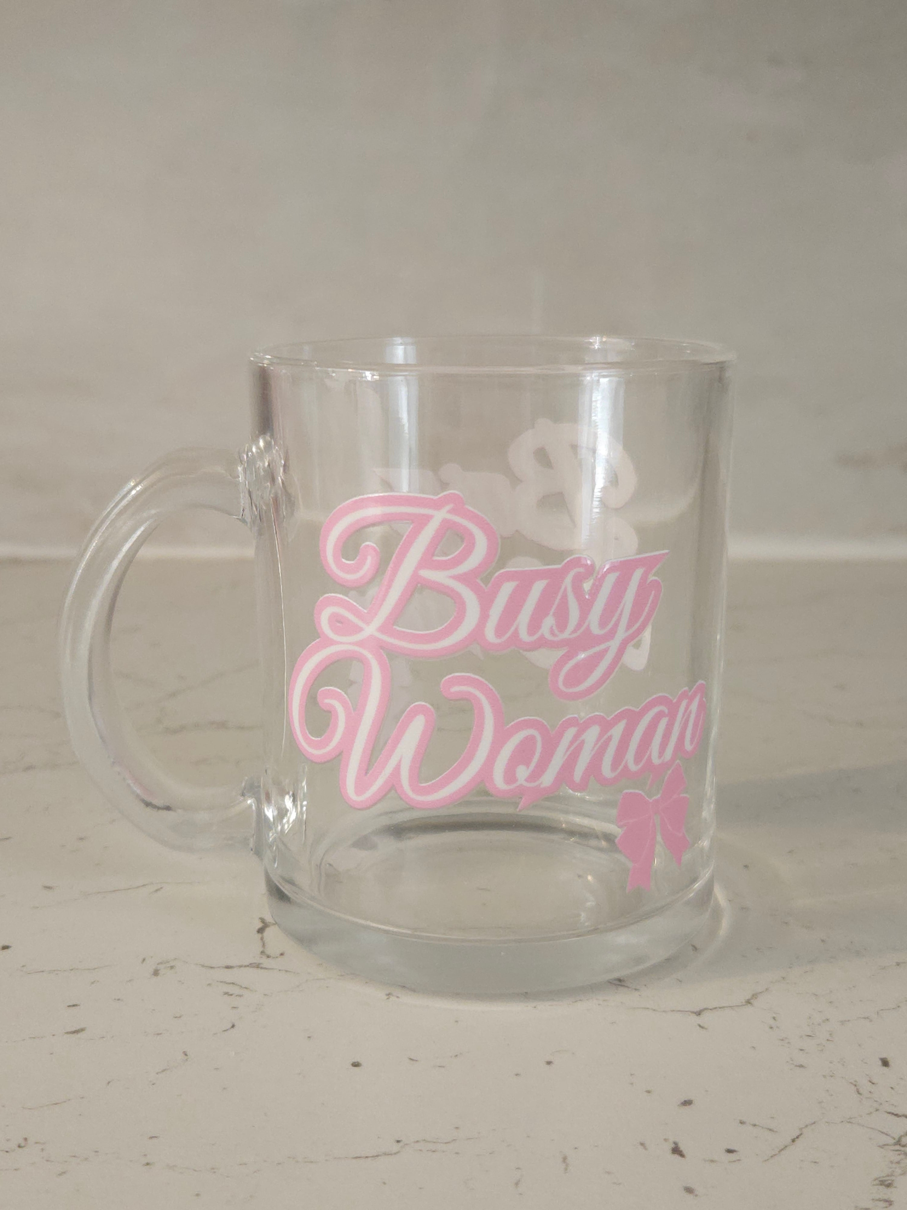 Busy Woman Glass Mug, Pink and White Graphic