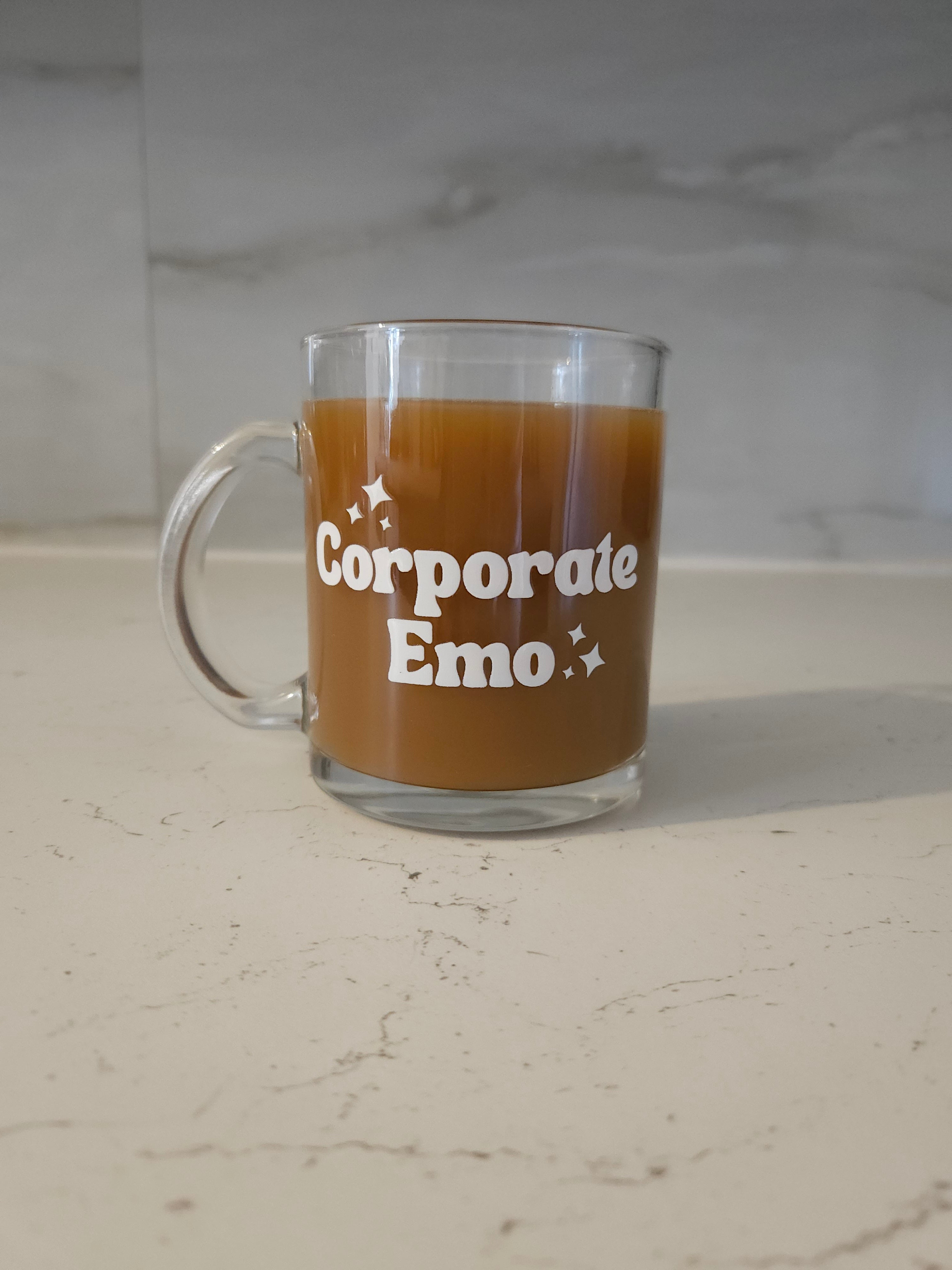 'Corporate Emo' Glass Mug, White Lettering and Stars