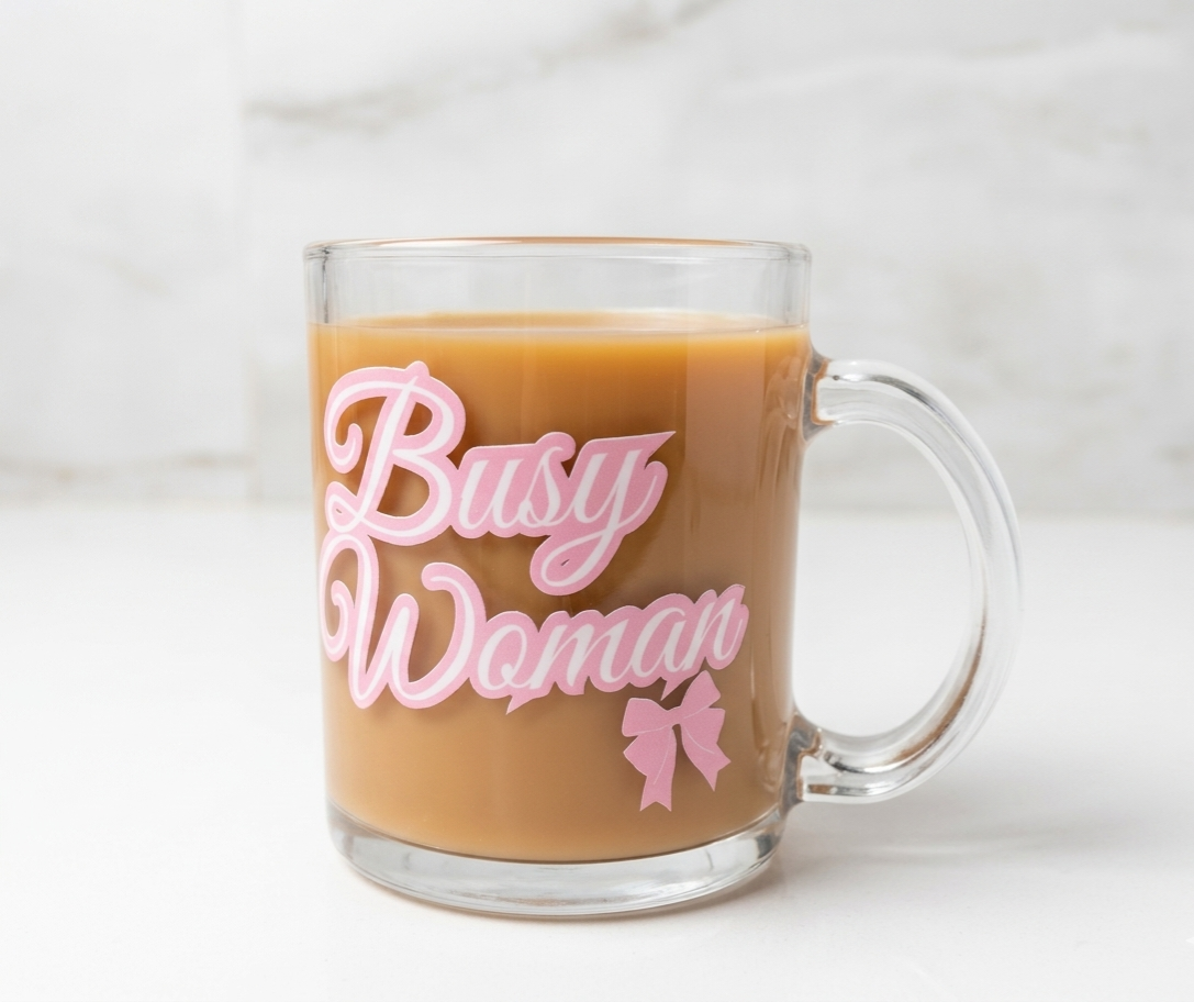 Busy Woman Glass Mug, Pink and White Graphic