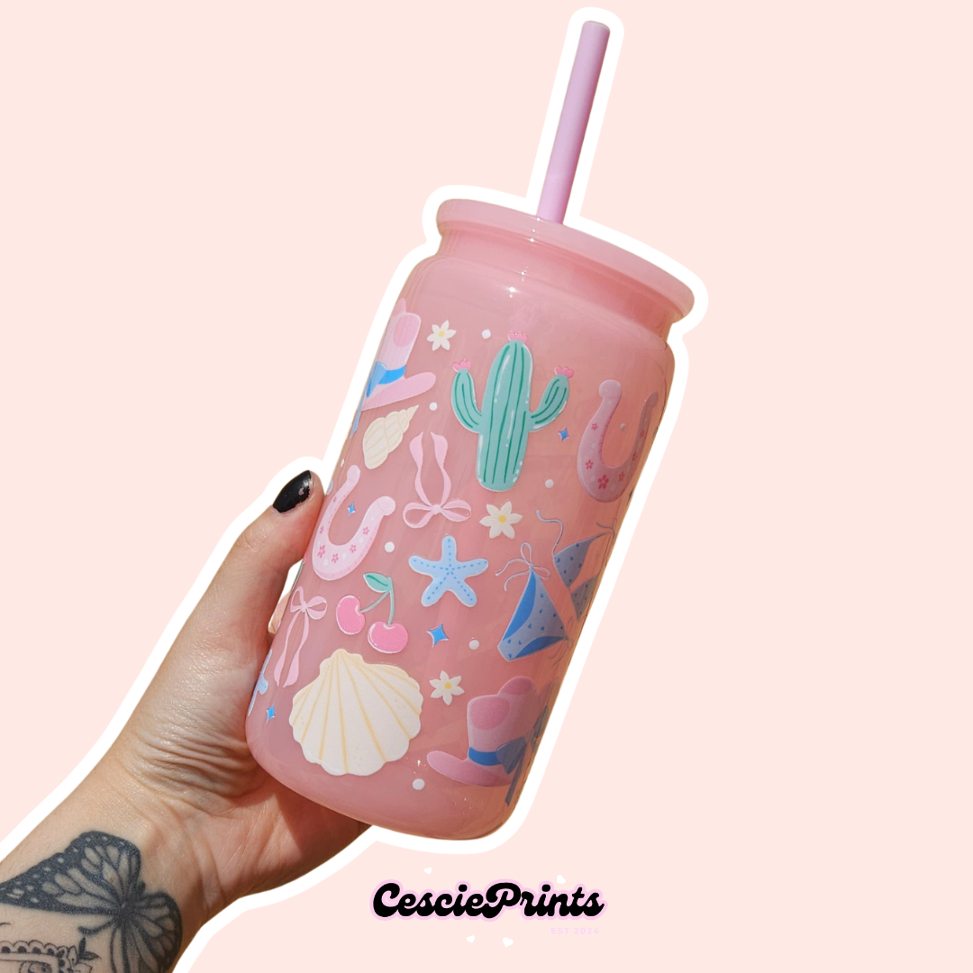 Pink Cowgirl Summer Vibes Libbey Can Tumbler, 16oz with Straw and Lid