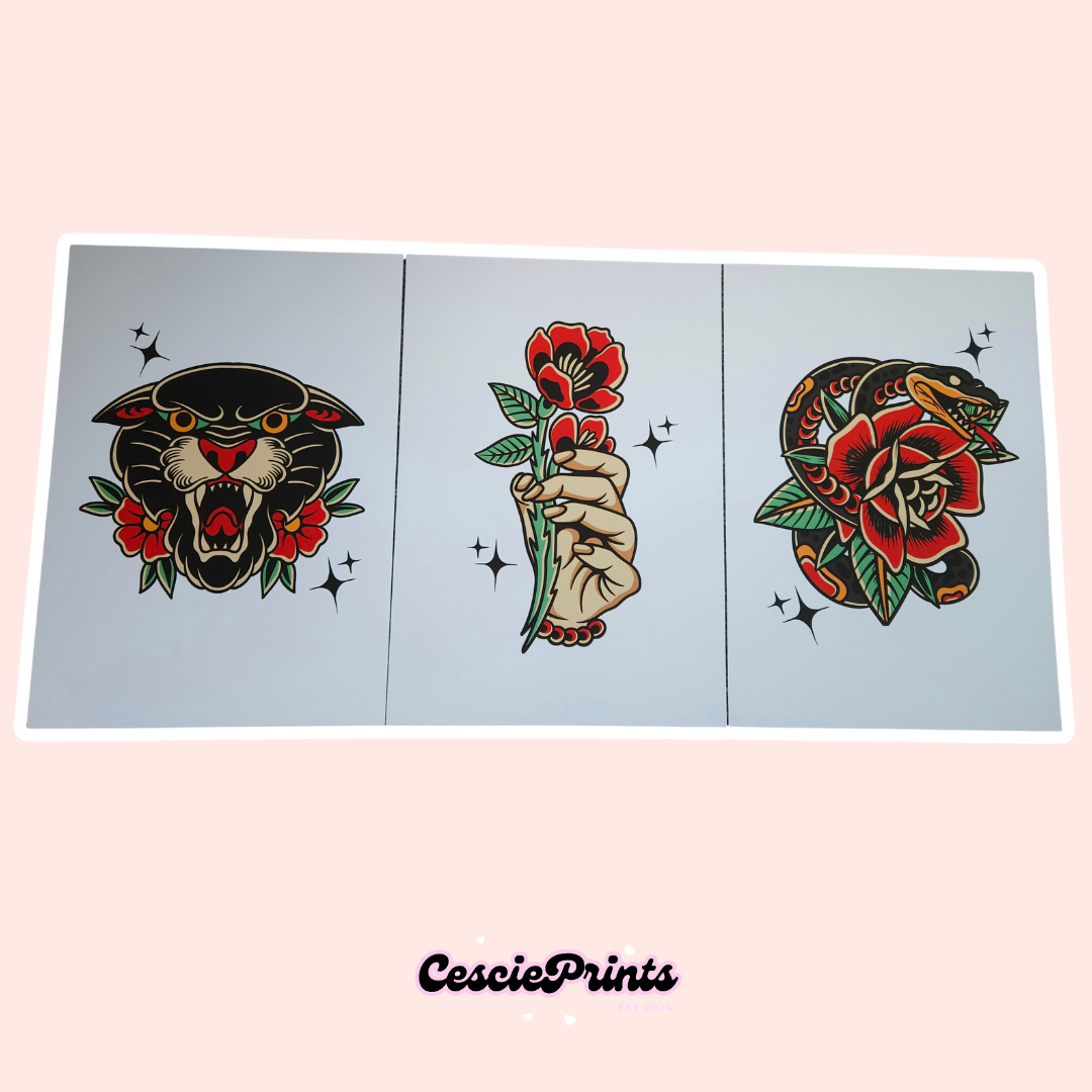 Set of 3 Tattoo A4 Wall Art Prints