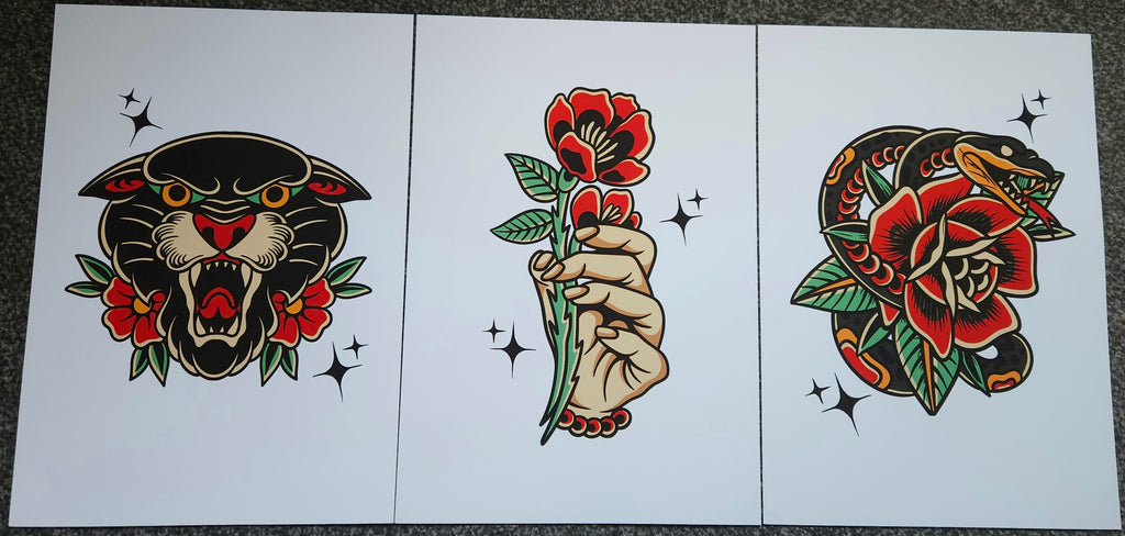 Set of 3 Tattoo A4 Wall Art Prints