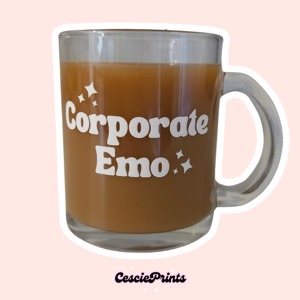 'Corporate Emo' Glass Mug, White Lettering and Stars