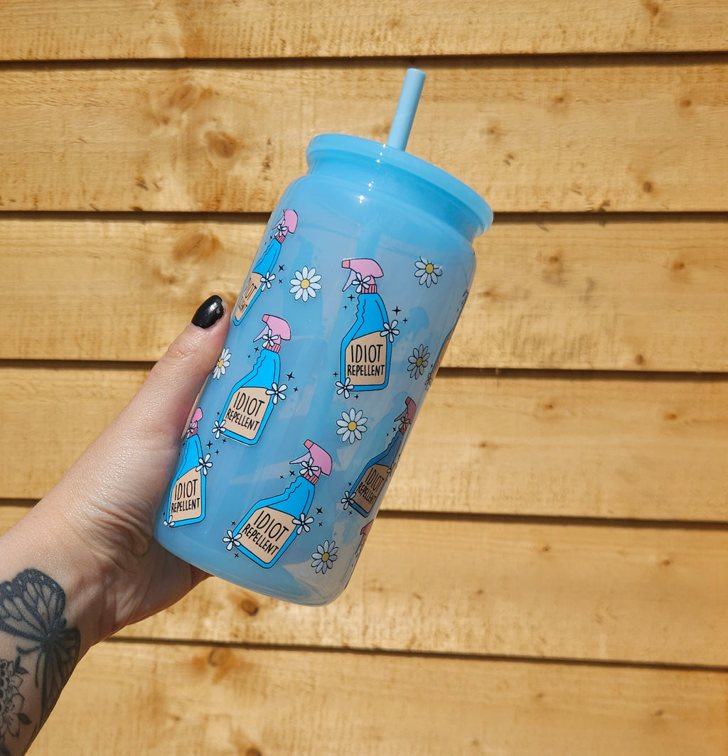 'Idiot Repellent' Blue Libbey Can Tumbler, 16oz with Straw and Lid
