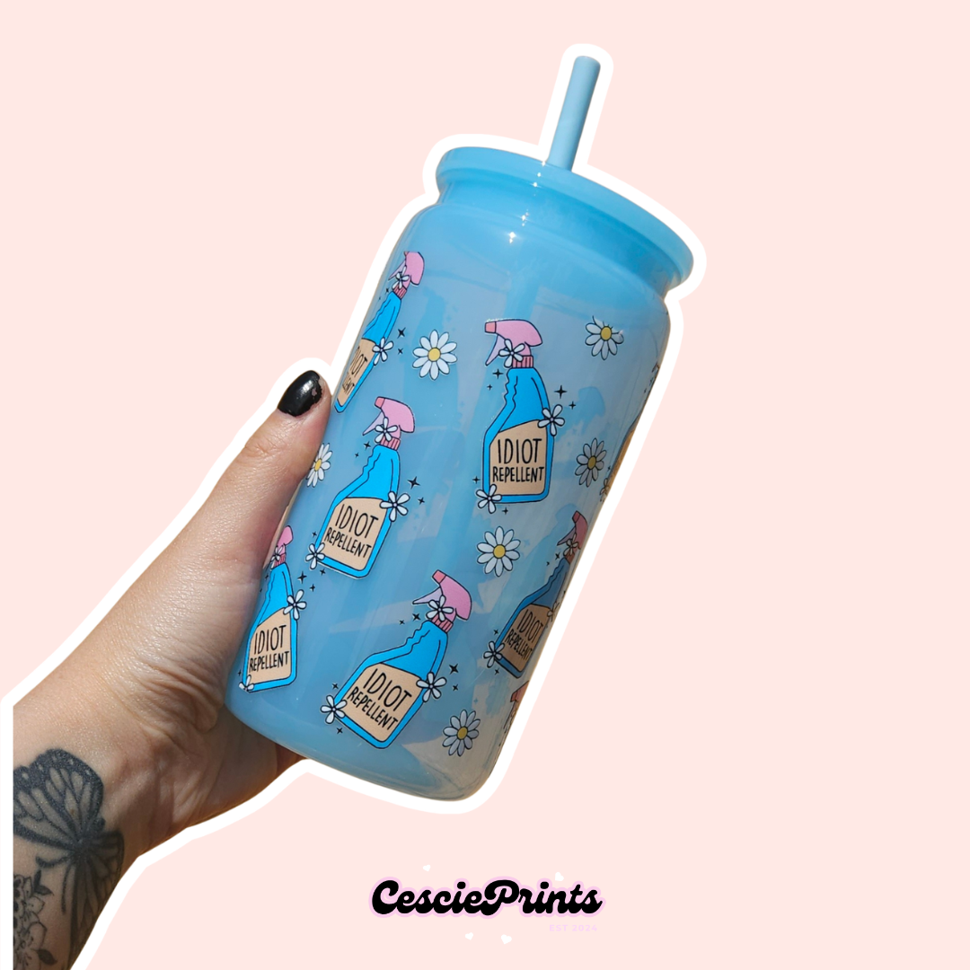 'Idiot Repellent' Blue Libbey Can Tumbler, 16oz with Straw and Lid