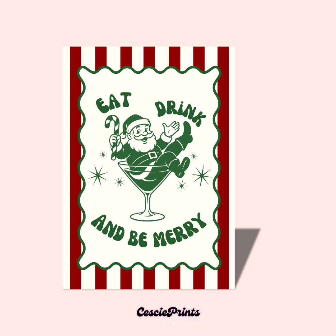 'Eat Drink and Be Merry' Red, White and Green Christmas Card