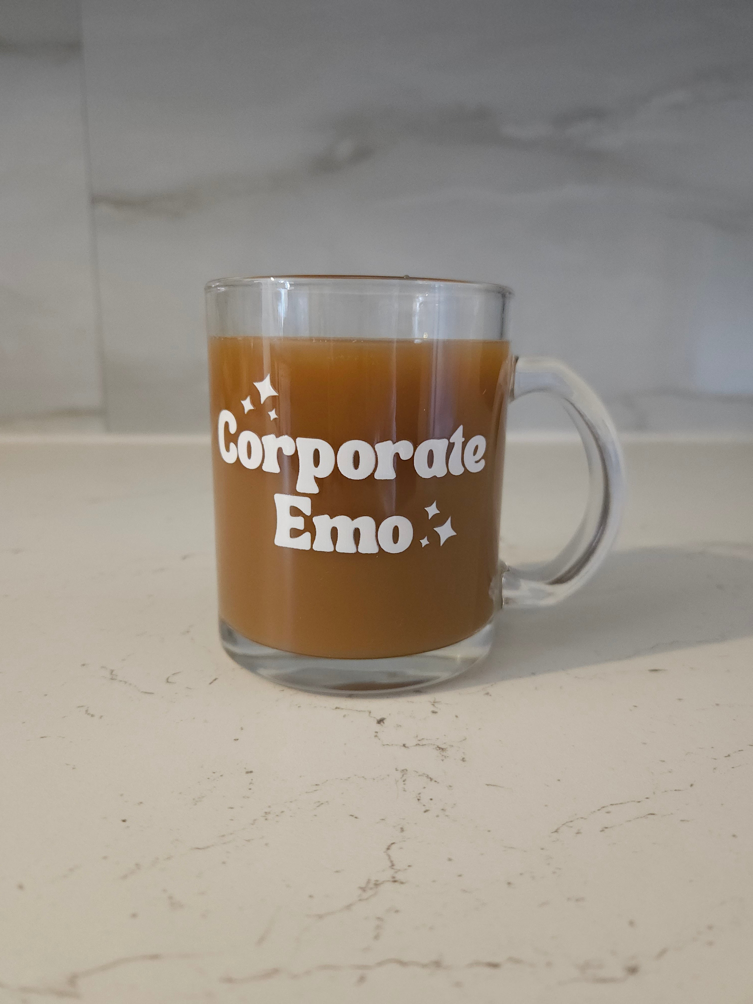 'Corporate Emo' Glass Mug, White Lettering and Stars