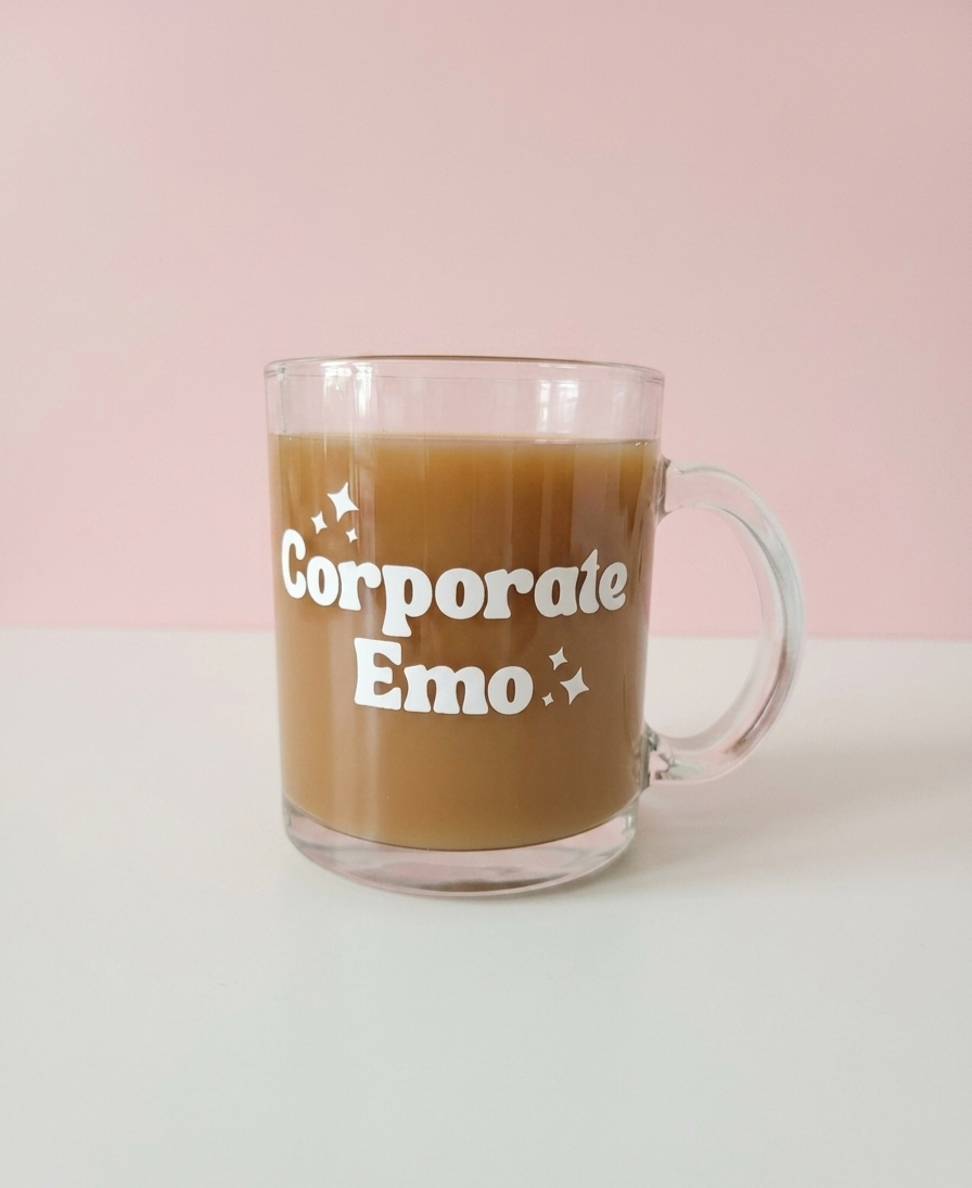 'Corporate Emo' Glass Mug, White Lettering and Stars