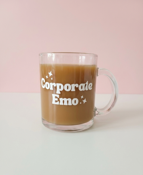 'Corporate Emo' Glass Mug, White Lettering and Stars