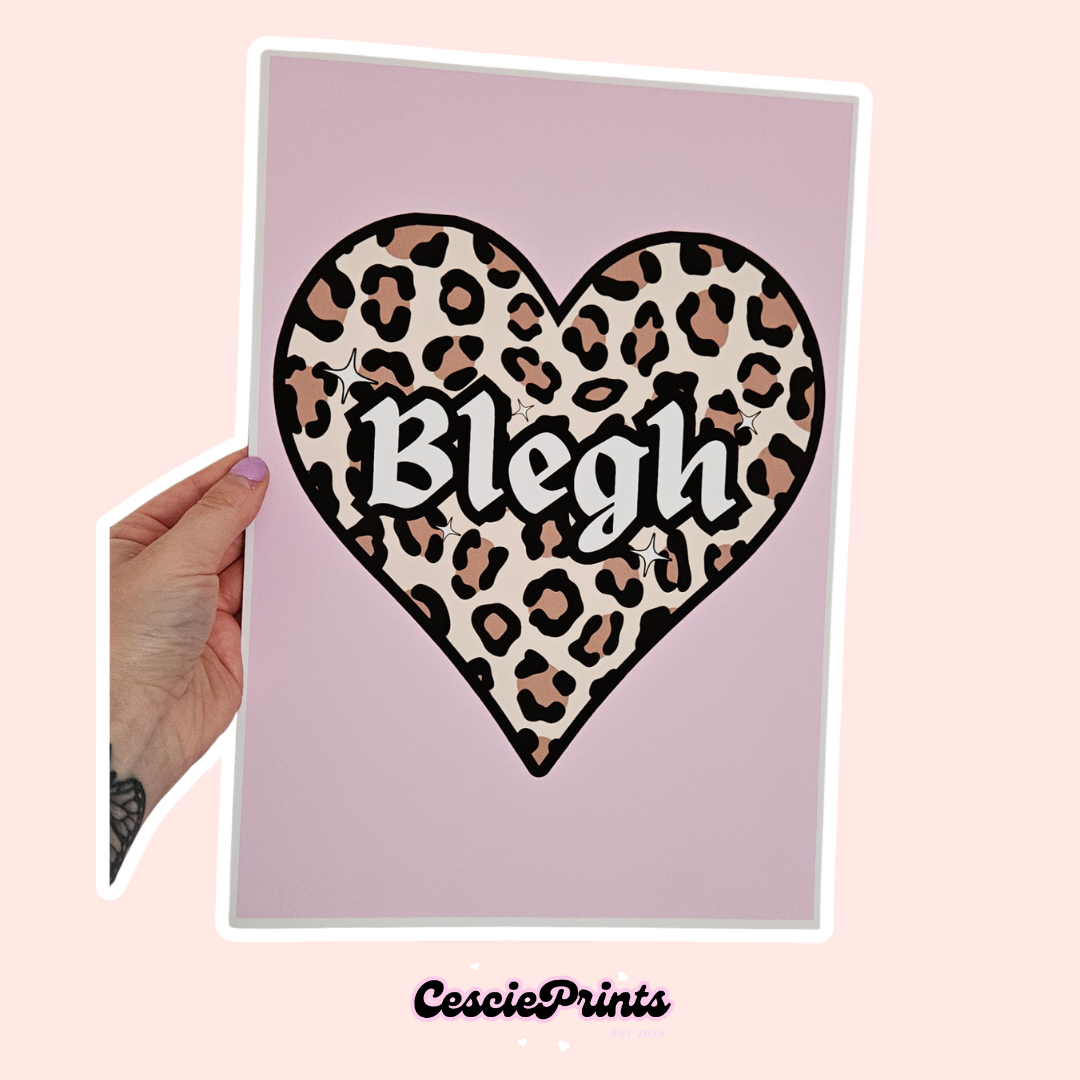 'Blegh' Leopard Print Heart Pink A4 Wall Art Print