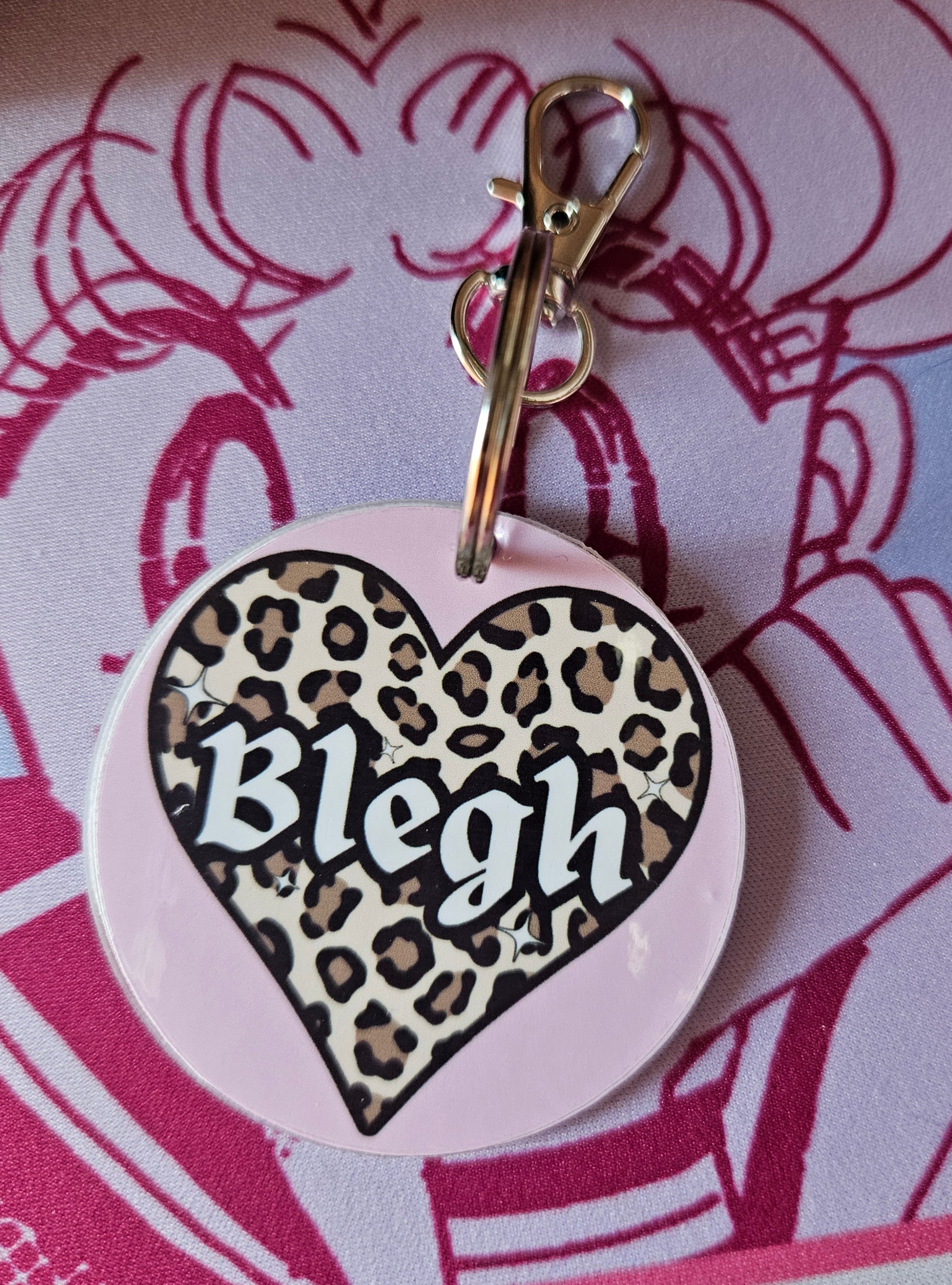 'Blegh' Leopard Print Heart Pink Keyring/Bag Charm