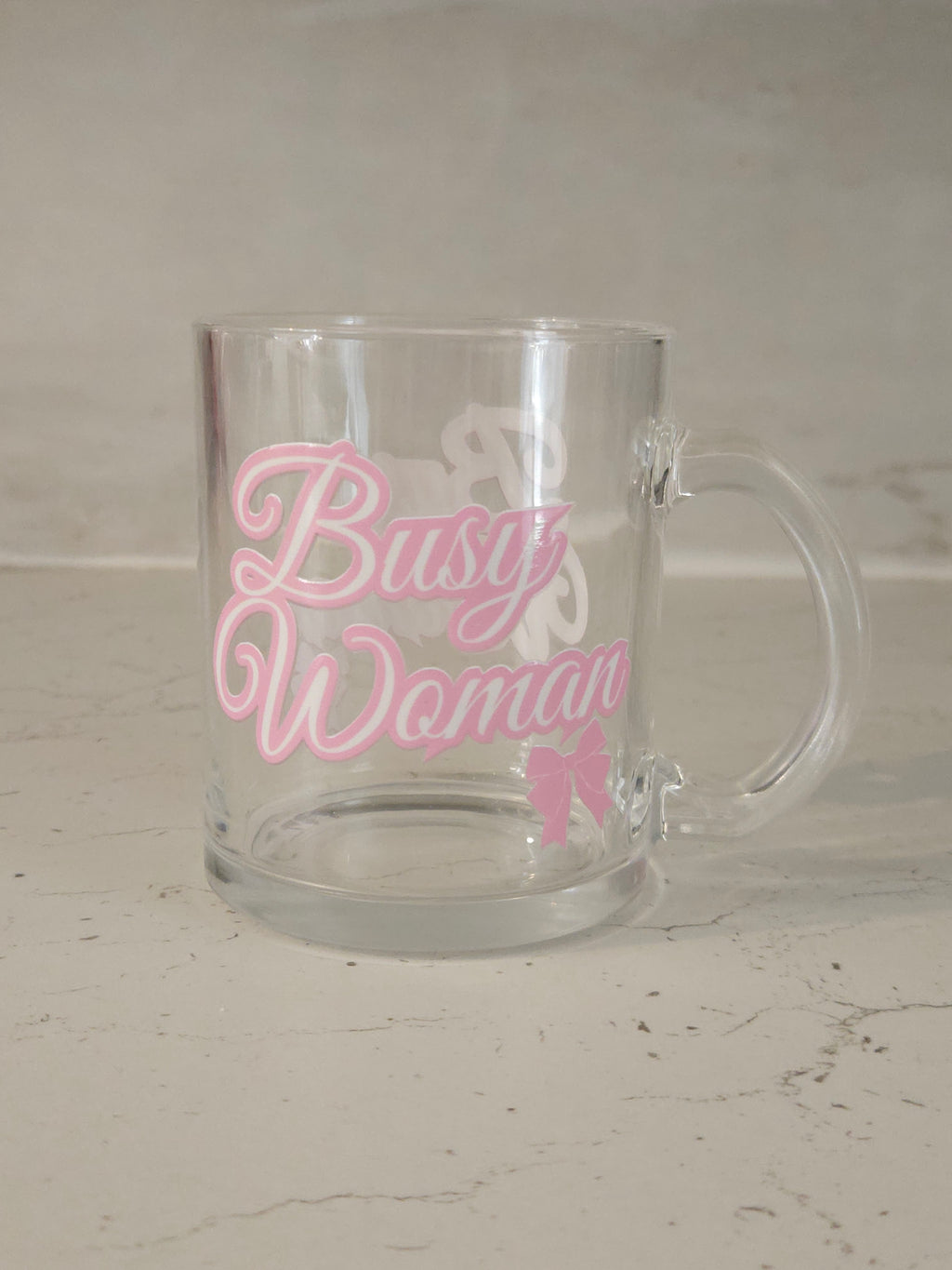 Busy Woman Glass Mug, Pink and White Graphic