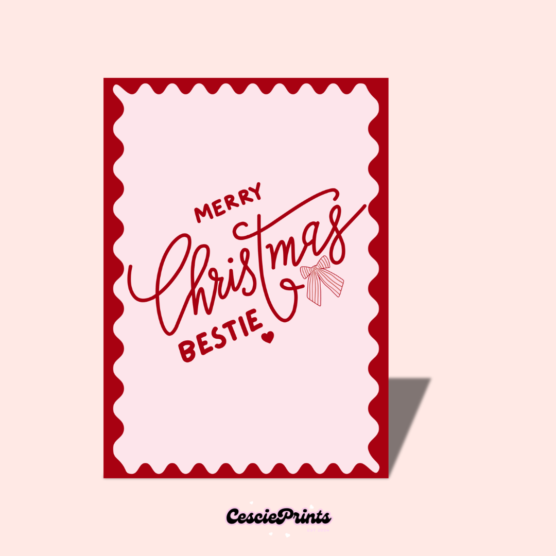 'Merry Christmas Bestie' Pink and Red Christmas Card