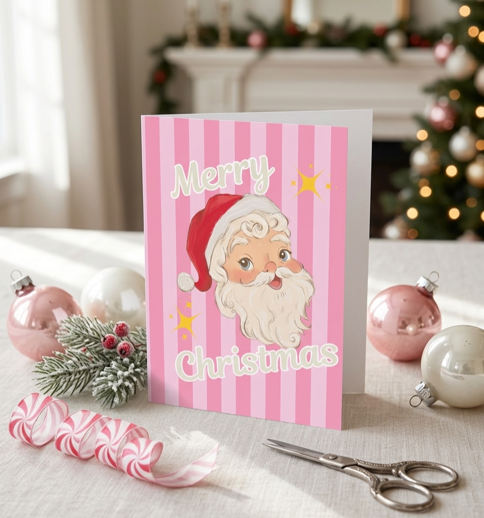 Pink Vintage Santa 'Merry Christmas' Card