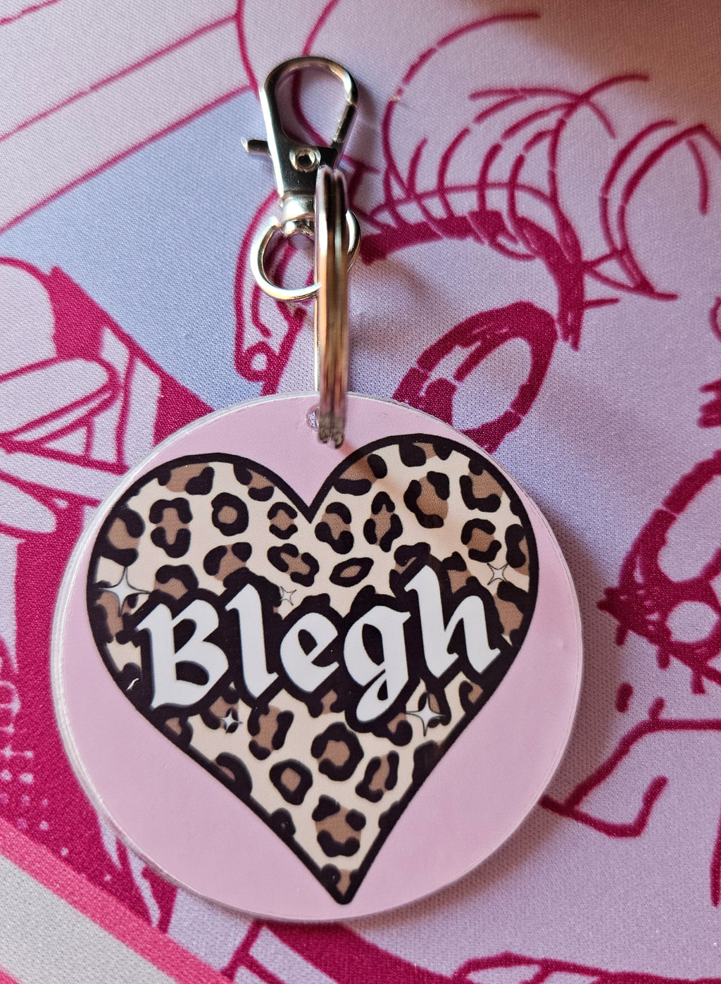 'Blegh' Leopard Print Heart Pink Keyring/Bag Charm