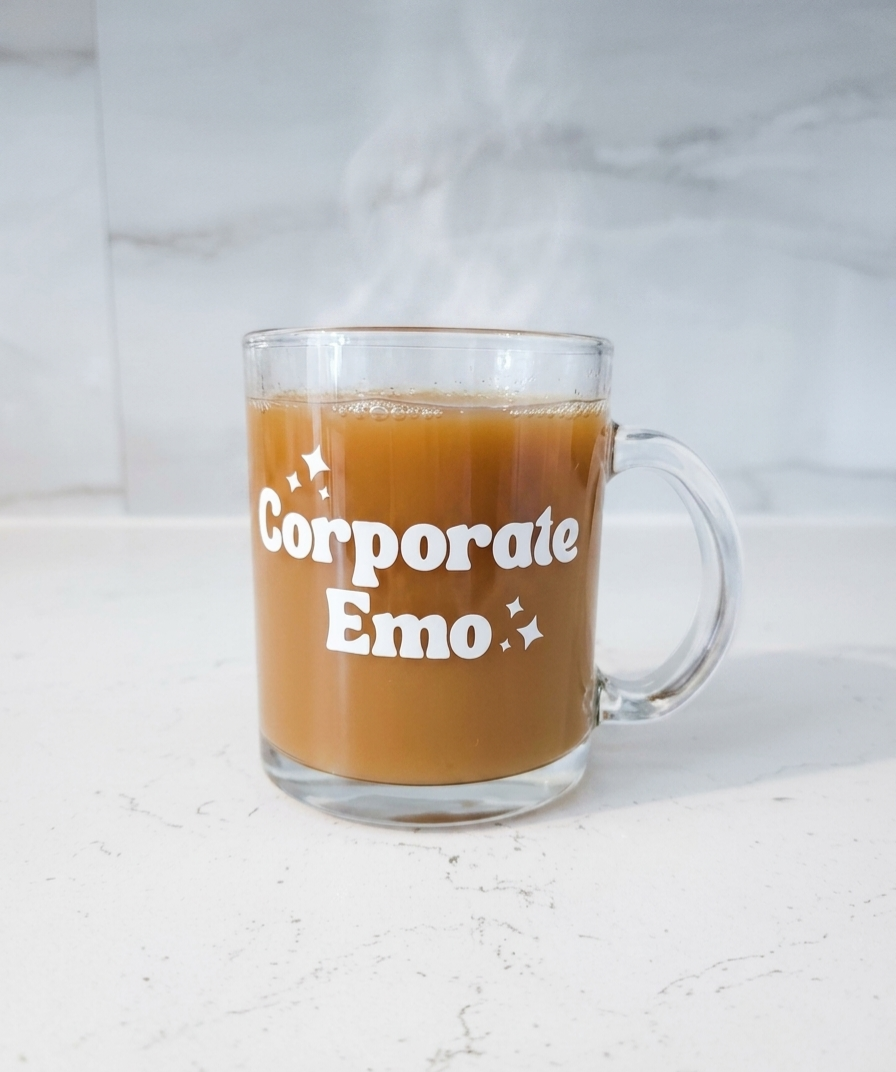 'Corporate Emo' Glass Mug, White Lettering and Stars