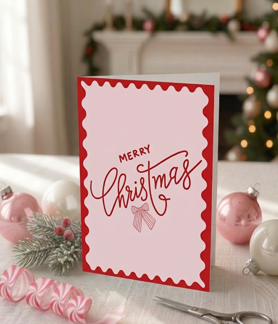 'Merry Christmas' Pink and Red Bow Christmas Card